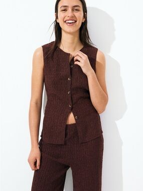 H&M Textured Brown Co-Ord Set Sleeveless Top Wide Leg Pants Size XXS